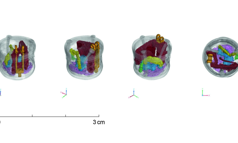 Serangkaian gambar dari CT scan neutron dengan berbagai bagian mekanisme kunci yang diwarnai dalam warna yang terpisah.