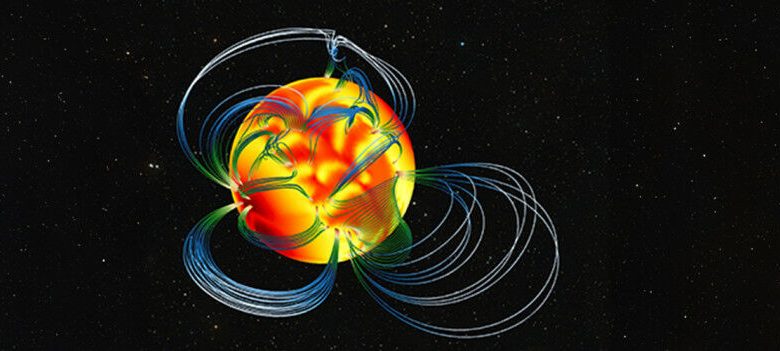 Magnetar yang disimulasikan dengan garis medan magnet dan suhu permukaan (suhu