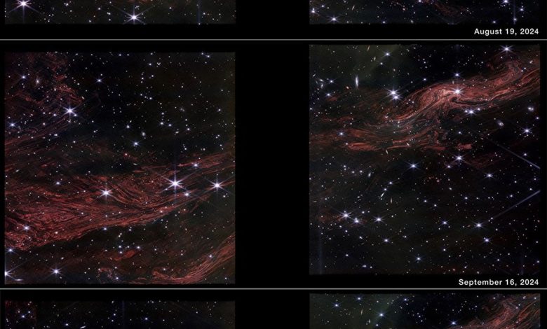Gambar enam panel yang menunjukkan enam pandangan berbeda dari awan debu yang berputar-putar di Cassiopeia a