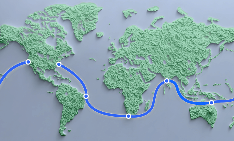 Gambar yang menunjukkan kabel bawah laut yang membentang di dunia, pergi antara AS, Afrika Selatan, India dan sebagian besar wilayah Asia