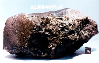 Foto meteorit, ALH 84001 dari Mars, awalnya ditemukan di Antartika.
