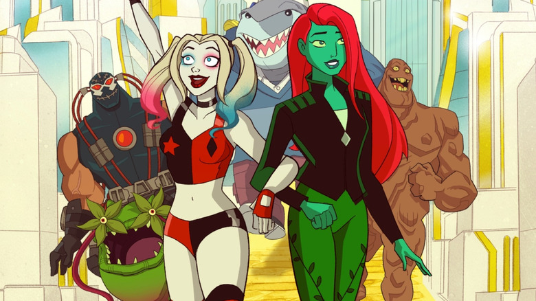 Kaley Cuoco sebagai Harley Quinn, Lake Bell sebagai Poison Ivy, Alan Tudyk sebagai Clayface, Ron Funches sebagai King Shark, James Adomian sebagai Bane, dan JB Smoove sebagai Frank berjalan melalui Metropolis di poster Musim 5 untuk Harley Quinn