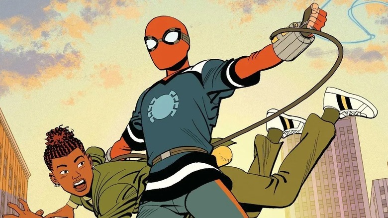 Spider-Man mengayun dan memegang Harry Osborn di poster Spider-Man Neighbourhood Spider-Man Your Friendly