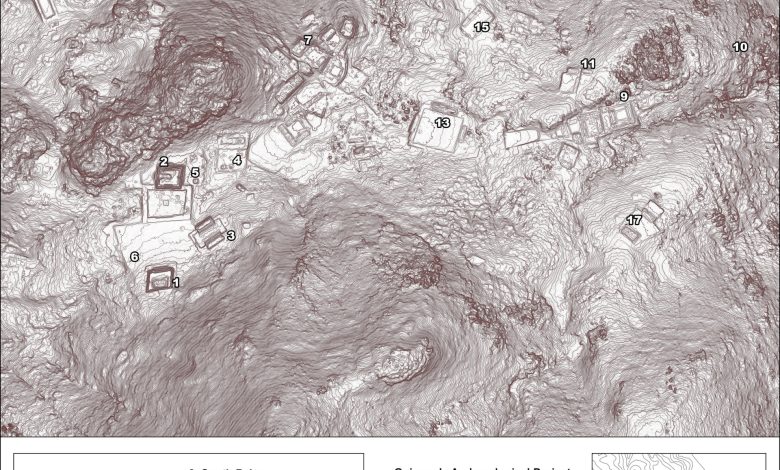 Peta Lidar yang menunjukkan lokasi berbagai situs arkeologi