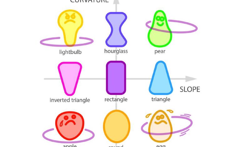 Diagram yang menunjukkan kelengkungan yang berbeda dan lereng tipe tubuh untuk hula hooping