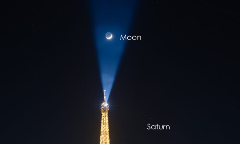 Close-up dari konjeksi yang menunjukkan posisi bulan, venus dan saturnus