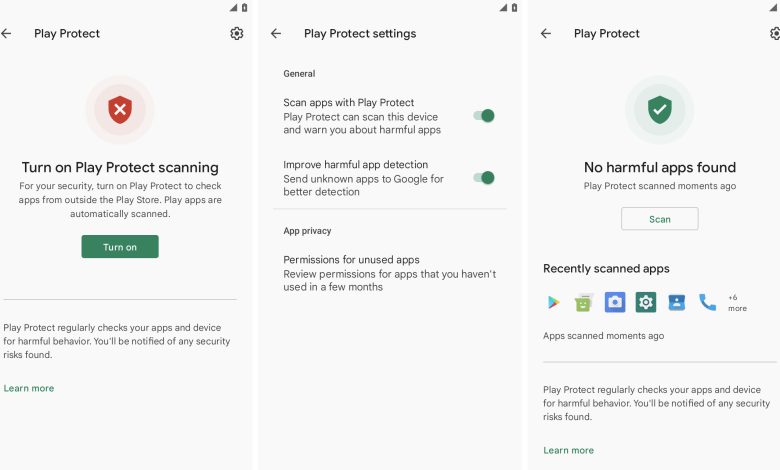 Tiga tangkapan layar berdampingan menunjukkan Play Protect dengan pemindaian dimatikan, kemudian pengaturan Play Protect dengan semua soggle dinyalakan, dan tangkapan layar ketiga yang menunjukkan Google Play Protect diaktifkan dan ditampilkan