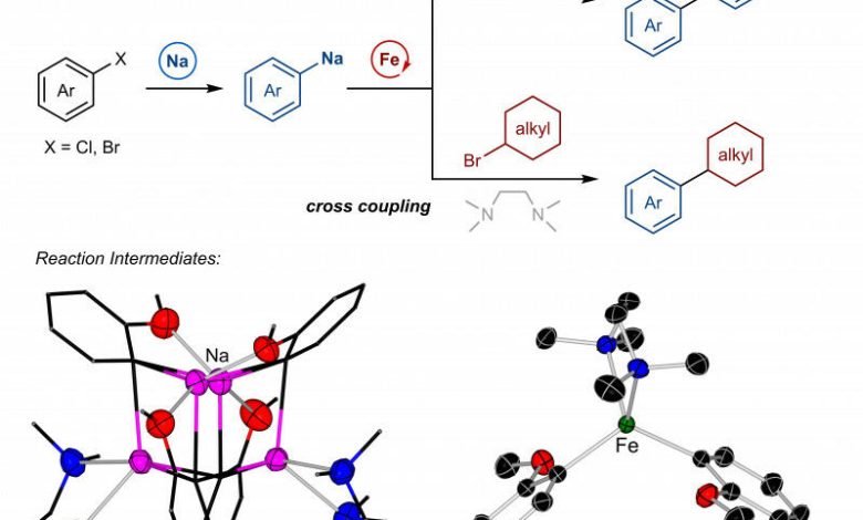 Ilustrasi reaksi kimia, reaksi cross-coupling, di mana tanah