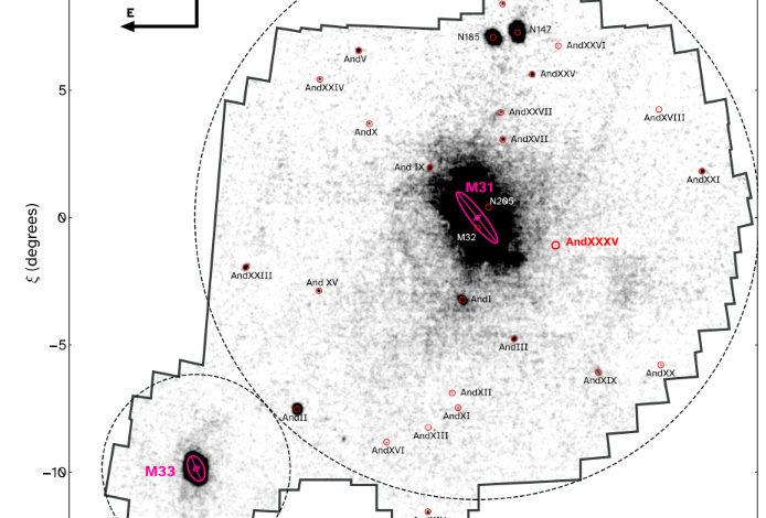 Sosok hitam dan putih dari makalah penelitian ilmiah baru yang dipimpin oleh para astronom University of Michigan menunjukkan sekelompok titik -titik hitam tebal di pusatnya, mewakili Galaksi Andromeda atau M31. Dikelilingi oleh awan bintik -bintik besar yang jauh lebih tersebar, beberapa di antaranya adalah galaksi satelit, diberi label dengan teks hitam. Galaksi satelit yang baru ditemukan, Andromeda XXXV, diberi label dengan teks merah tebal, hanya sedikit di luar dan di sebelah kanan galaksi M31 tengah.