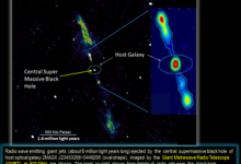 Jet radio raksasa yang membentang enam juta tahun cahaya melintasi dan lubang hitam supermasif besar di jantung galaksi spiral.