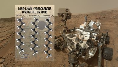 Grafik dengan rendering Mars Rover dengan ilustrasi yang ditumpangkan dari tiga molekul hidrokarbon yang berbeda