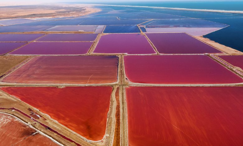 Walvis Bay Saltworks: Kilang Monster di Namibia dengan kolam berwarna -warni yang menutupi tanah seperti tambal sulam