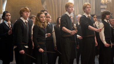 Ron, Hermione, Fred, dan George berlatih pertahanan melawan seni gelap di Harry Potter dan urutan Phoenix