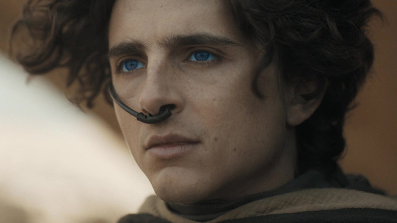 Paul Atreides dari Timothée Chalamet melihat ke kejauhan di Dune Bagian 2