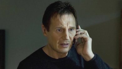 Liam Neeson membuat panggilan telepon yang mengancam sebagai Bryan Mills di Take