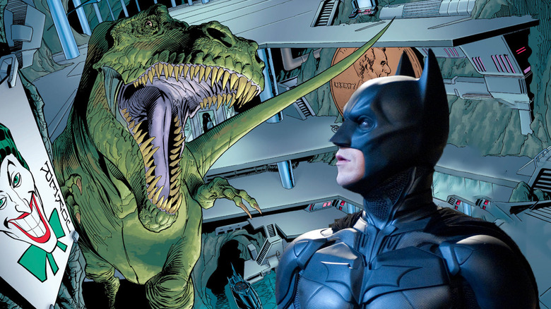 Batman di Batcave dengan T. Rex Statue dan Joker Card