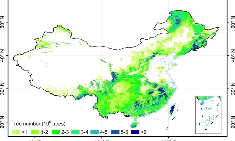 Peta kode warna Cina untuk menunjukkan kepadatan dan distribusi pohon.