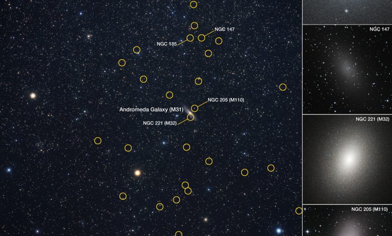 Diagram yang menunjukkan galaksi satelit di sekitar galaksi Andromeda