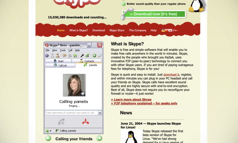 Tangkapan layar dari beranda Skype pada tahun 2004, yang berbunyi