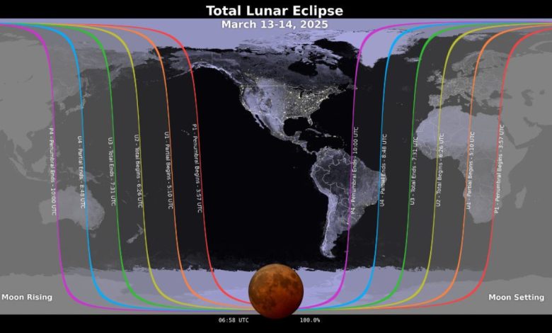 Grafik menunjukkan di mana di dunia akan melihat total gerhana bulan semalam pada 13 Maret --14.