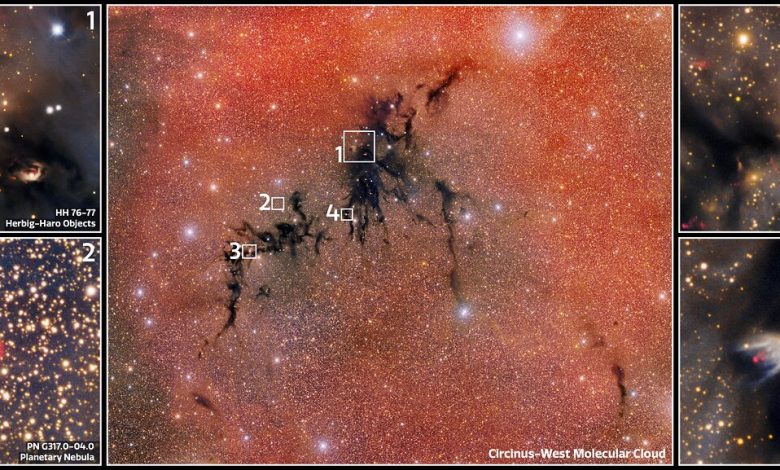 Gambar Circinus West Molecular Cloud dengan empat inset yang diperbesar menunjukkan objek herbig-haro