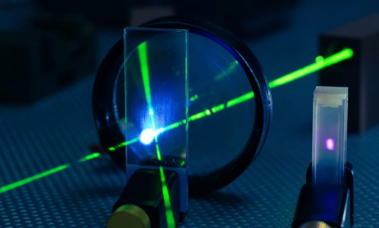 Eksperimen laser ditunjukkan di laboratorium fotonik. Cahaya laser berwarna hijau.
