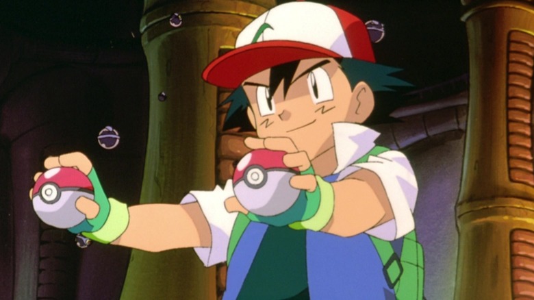 Ash, memegang dua pokeball di arena hitam besar, adegan dari Pokemon: The First Movie.