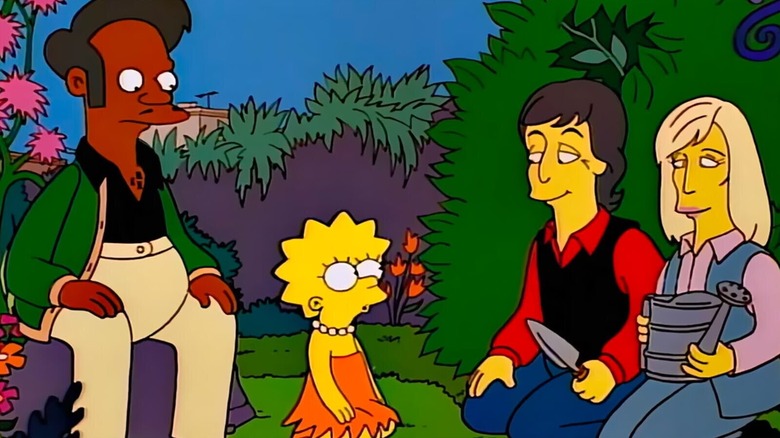 APU, Lisa Simpson, Paul McCartney, dan Linda McCartney duduk bersama