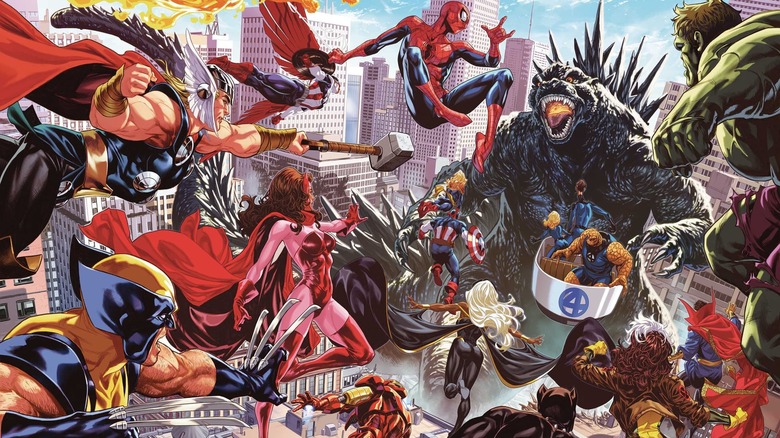 Godzilla Melawan Avengers di Cover Art for Godzilla menghancurkan Marvel Universe