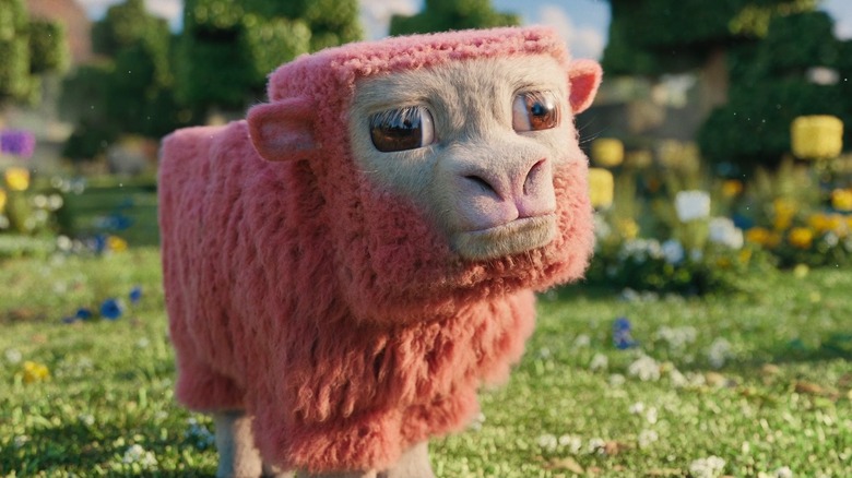 Domba merah muda berdiri di ladang dalam film minecraft