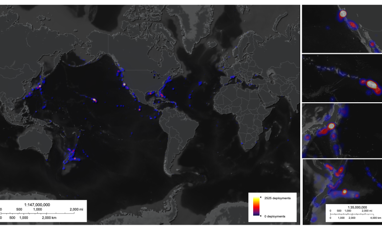 Heatmap mewakili jumlah kegiatan penyelaman per 250 km2.