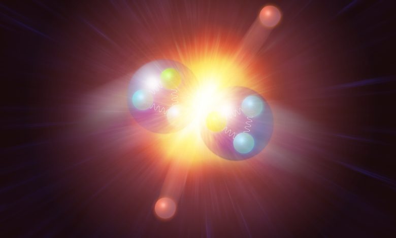 Ilustrasi dua partikel subatom yang bertabrakan untuk membuat dua boson Higgs