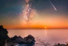 Foto pantai berbatu yang murni dengan Bima Sakti, bintang jatuh, dan planet pengaturan yang terlihat di langit