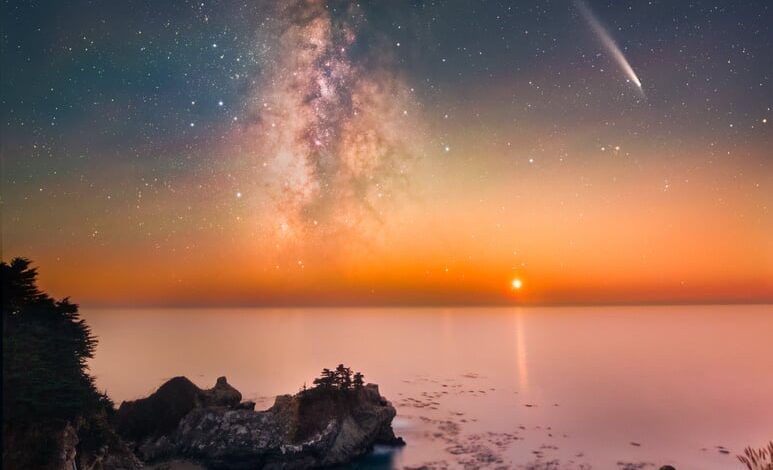 Foto pantai berbatu yang murni dengan Bima Sakti, bintang jatuh, dan planet pengaturan yang terlihat di langit