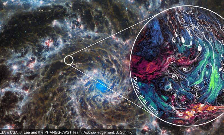 Gambar galaksi yang berputar -putar, dengan inset warna pelangi marmer dalam gaya psychedelic