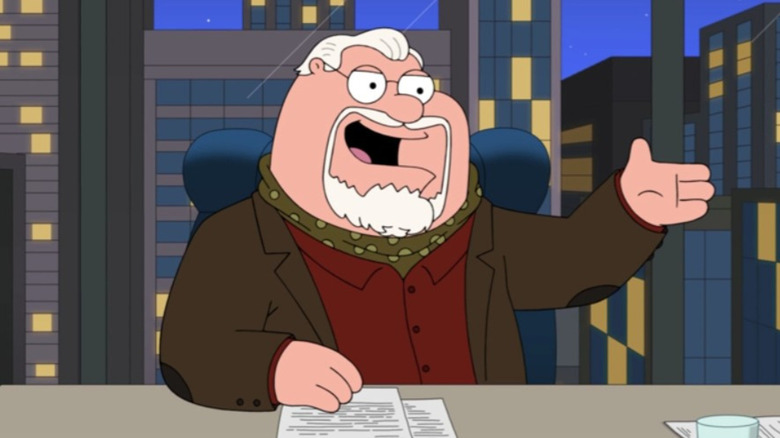 Peter Griffin dengan rambut putih dan janggut berbicara dalam bahasa keluarga