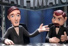 Johnny Gomez dan Nick Diamond di meja pengumuman mereka tentang Celebrity Deathmatch.