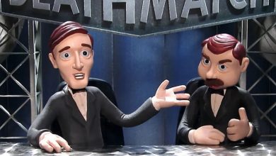 Johnny Gomez dan Nick Diamond di meja pengumuman mereka tentang Celebrity Deathmatch.