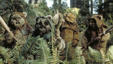Ewoks berkumpul di antara semak -semak di bulan hutan Endor di Star Wars: Return of the Jedi
