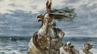 Lukisan seorang pria Viking di atas kapal mengenakan helm bertanduk
