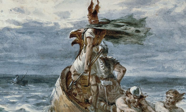 Lukisan seorang pria Viking di atas kapal mengenakan helm bertanduk