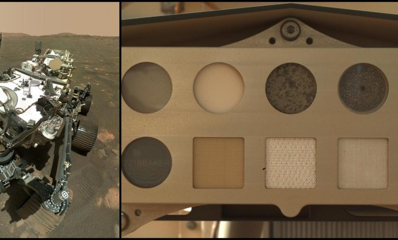 Dua gambar: robot roda empat di permukaan yang berdebu dan coklat kemerahan (kiri), dan serangkaian sepuluh jendela melingkar kecil yang berbeda masing-masing berisi pola garis yang berbeda (kanan)
