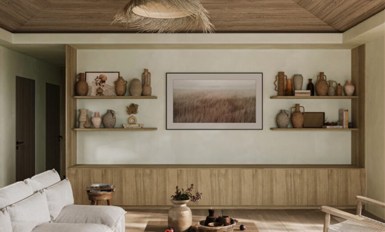 Desain Ruang Media Renovasi Malibu - Kabinet Media bawaan