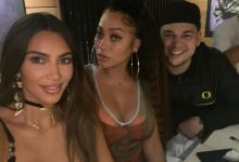 Kim Kardashian dengan Rob Kardashian dan Lala Anthony berpose bersama