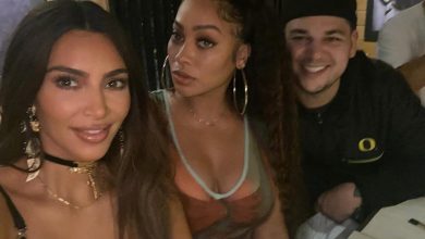 Kim Kardashian dengan Rob Kardashian dan Lala Anthony berpose bersama