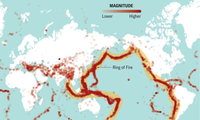 Diagram yang menunjukkan bagaimana intensitas gempa telah meningkat di sekitar cincin api sejak 1900