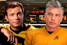 Gambar Komposit William Shatner sebagai Kapten Kirk di Star Trek dan Anson Mount sebagai Kapten Pike di Star Trek: Strange New Worlds