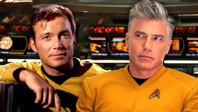 Gambar Komposit William Shatner sebagai Kapten Kirk di Star Trek dan Anson Mount sebagai Kapten Pike di Star Trek: Strange New Worlds