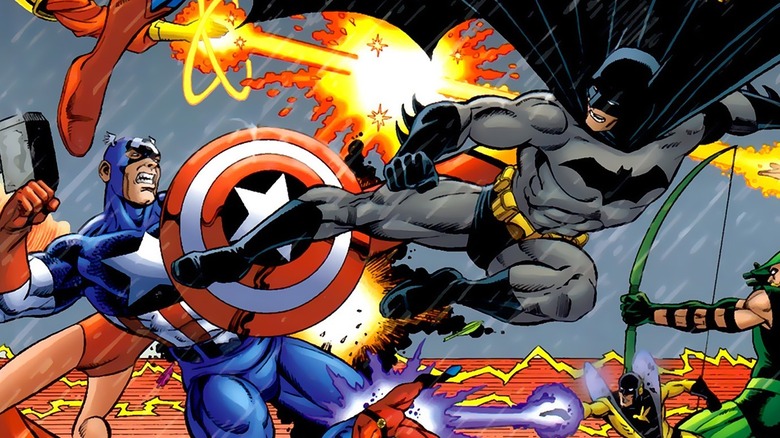 Captain America mengangkat perisai ketika Batman melompat padanya di sampul JLA/Avengers #2.