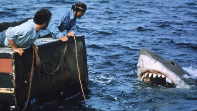 Matt Hooper (Richard Dreyfuss) dan Quint (Robert Shaw) menatap hiu